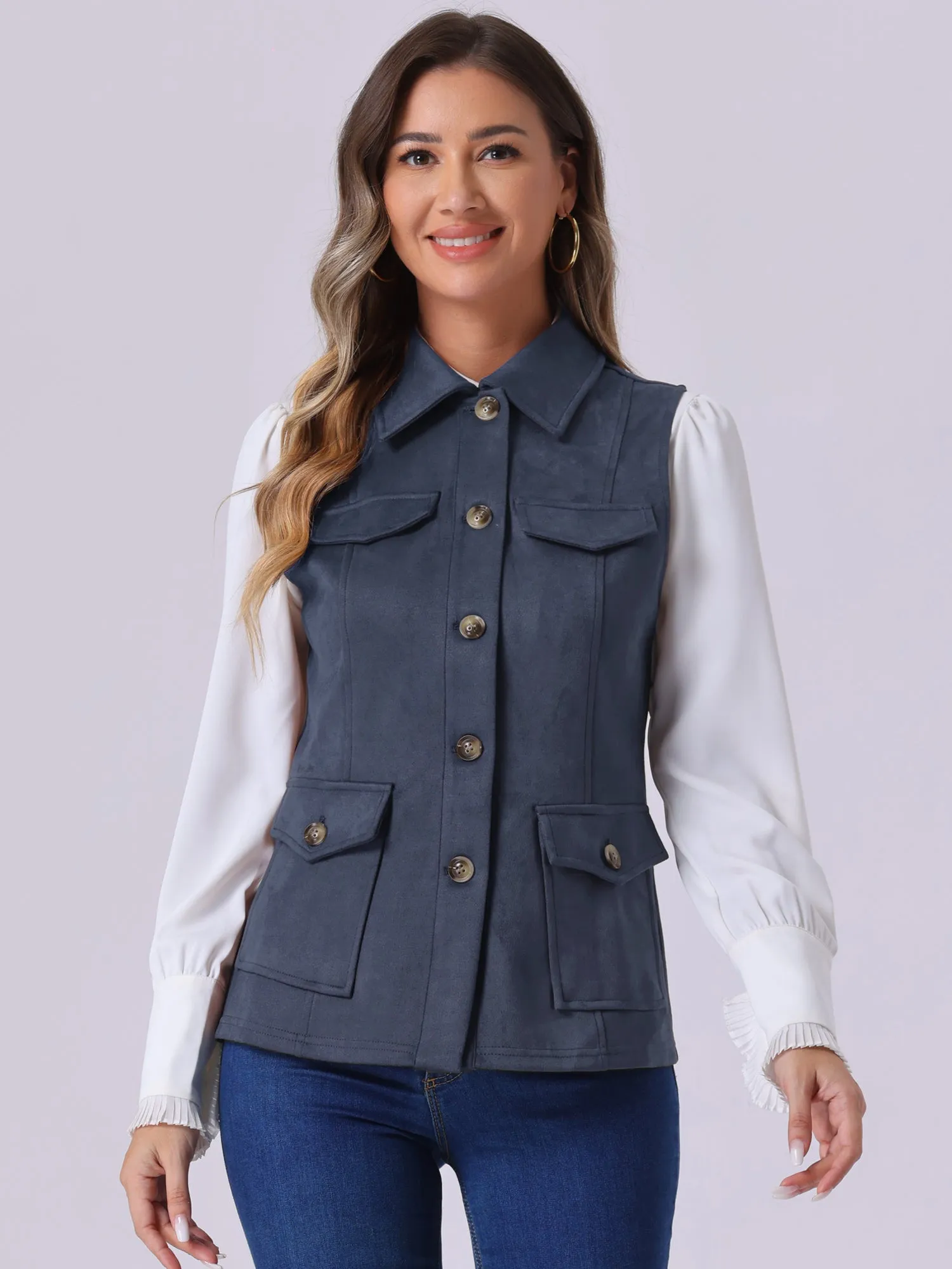 Faux Suede Vest Utility Buttoned Sleeveless Jacket with Cargo Pocket