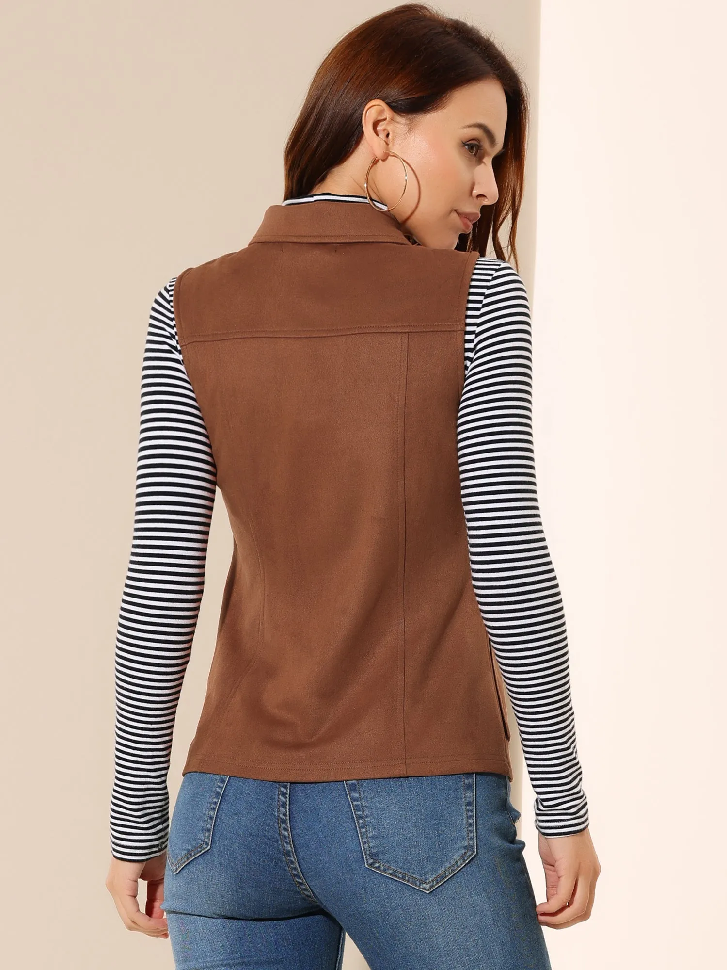 Faux Suede Vest Utility Buttoned Sleeveless Jacket with Cargo Pocket