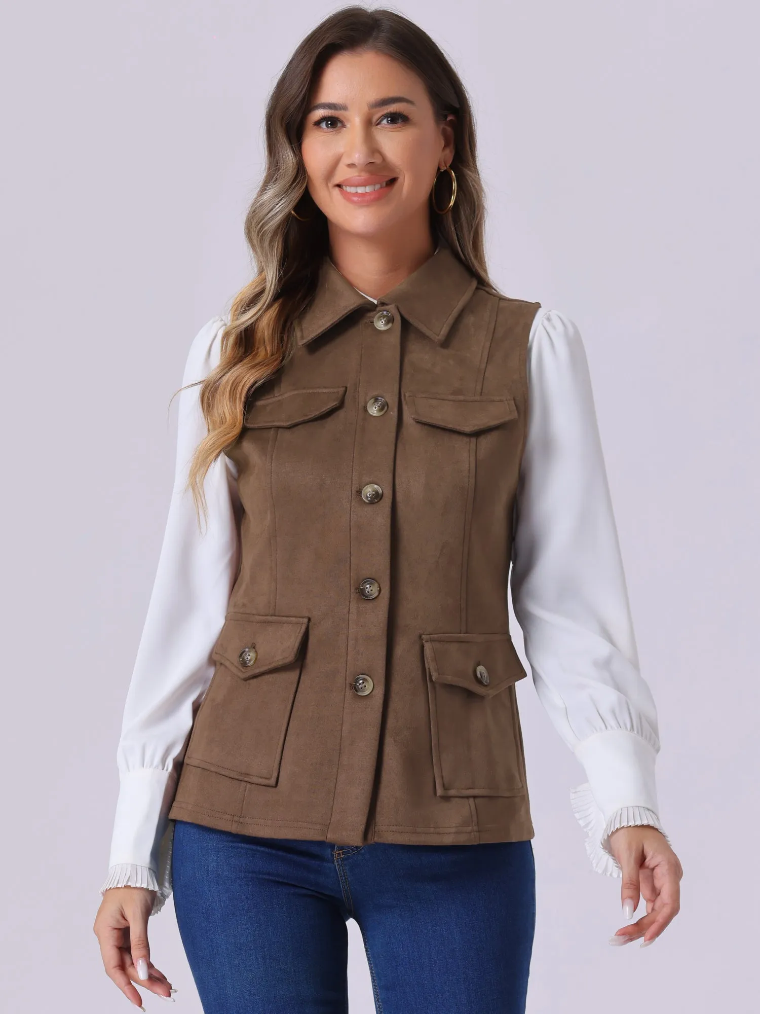 Faux Suede Vest Utility Buttoned Sleeveless Jacket with Cargo Pocket