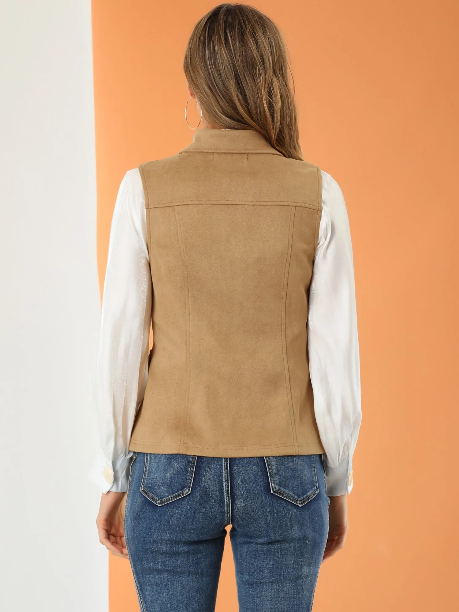 Faux Suede Vest Utility Buttoned Sleeveless Jacket with Cargo Pocket