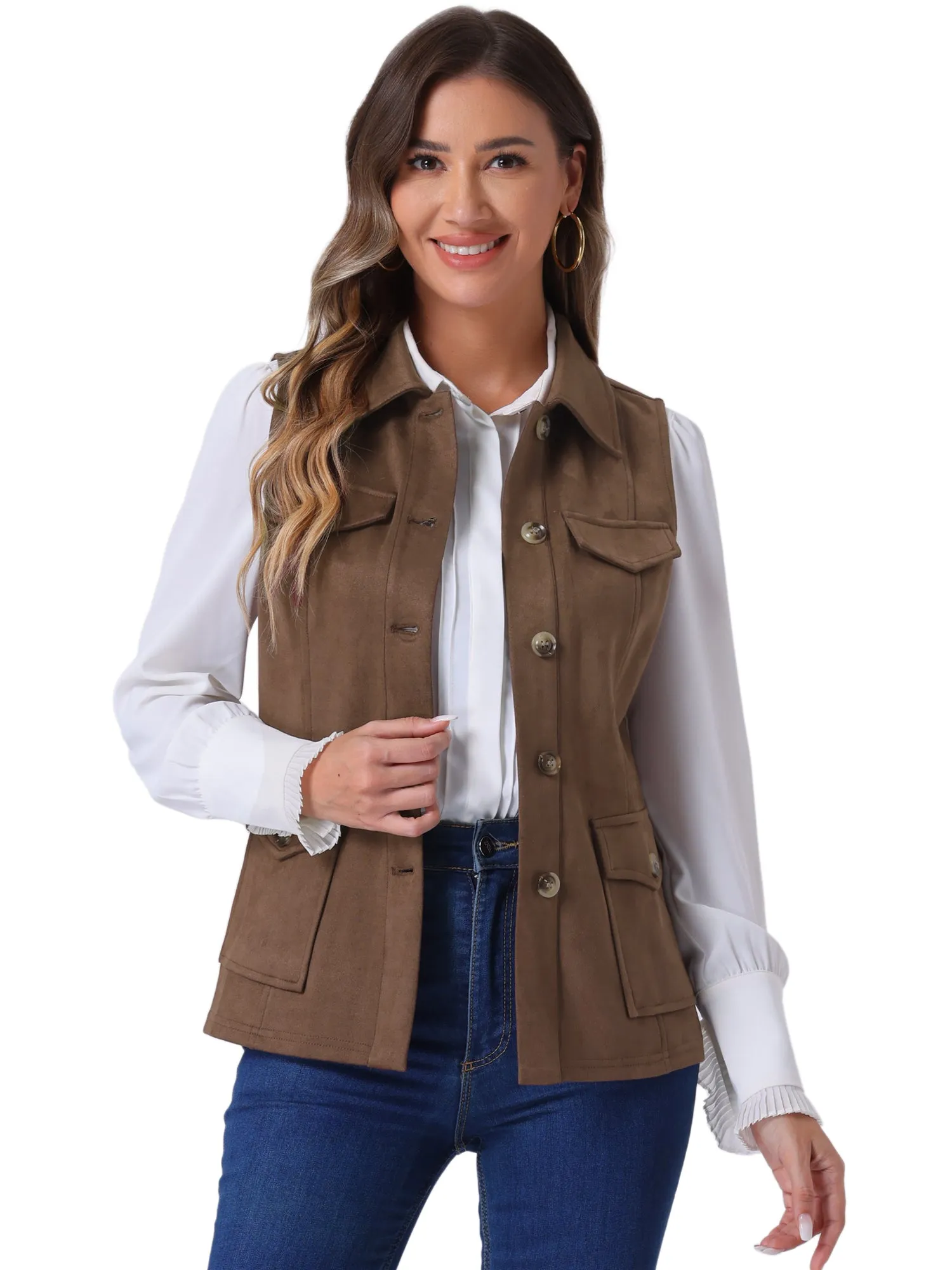 Faux Suede Vest Utility Buttoned Sleeveless Jacket with Cargo Pocket