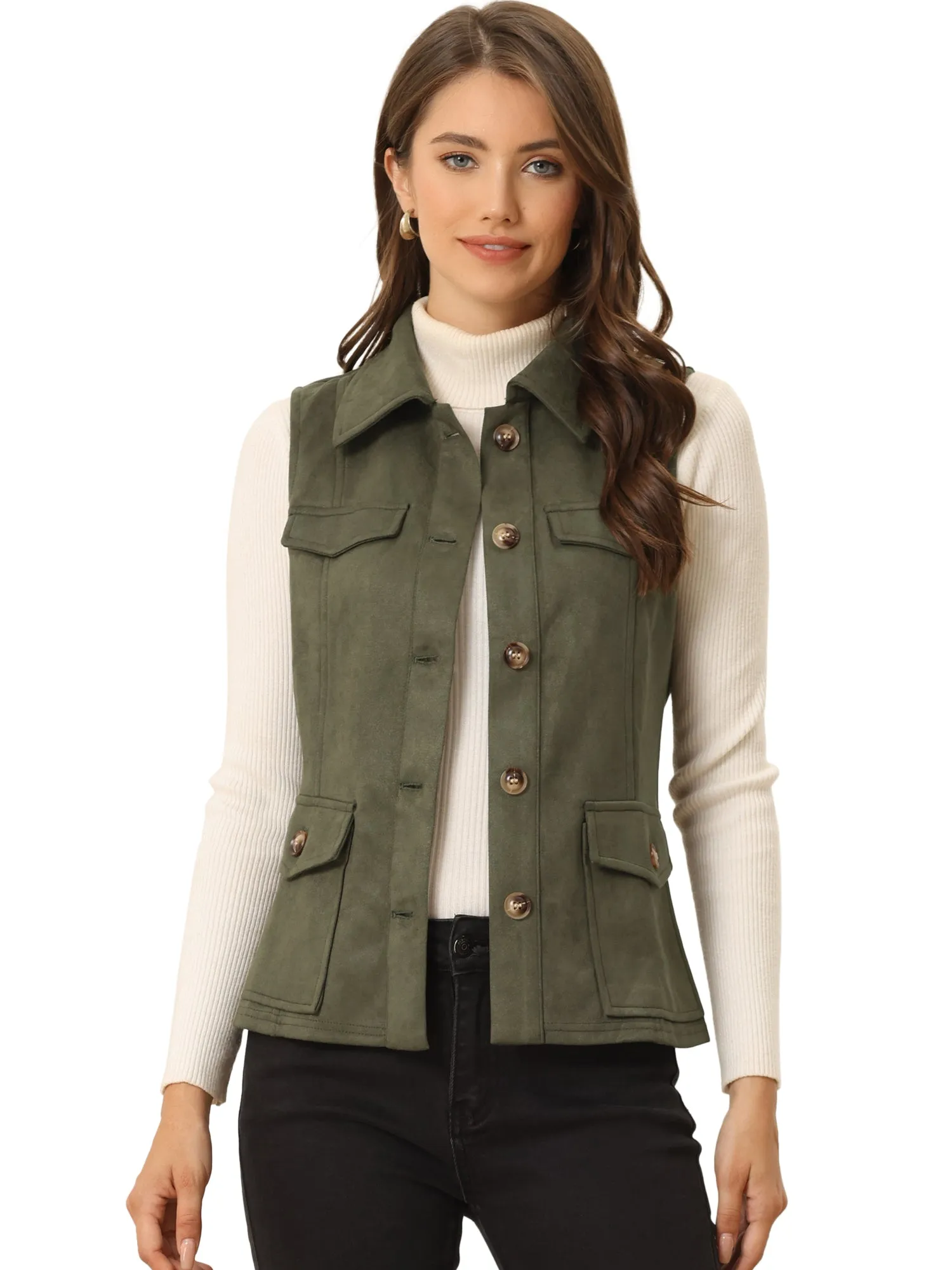 Faux Suede Vest Utility Buttoned Sleeveless Jacket with Cargo Pocket