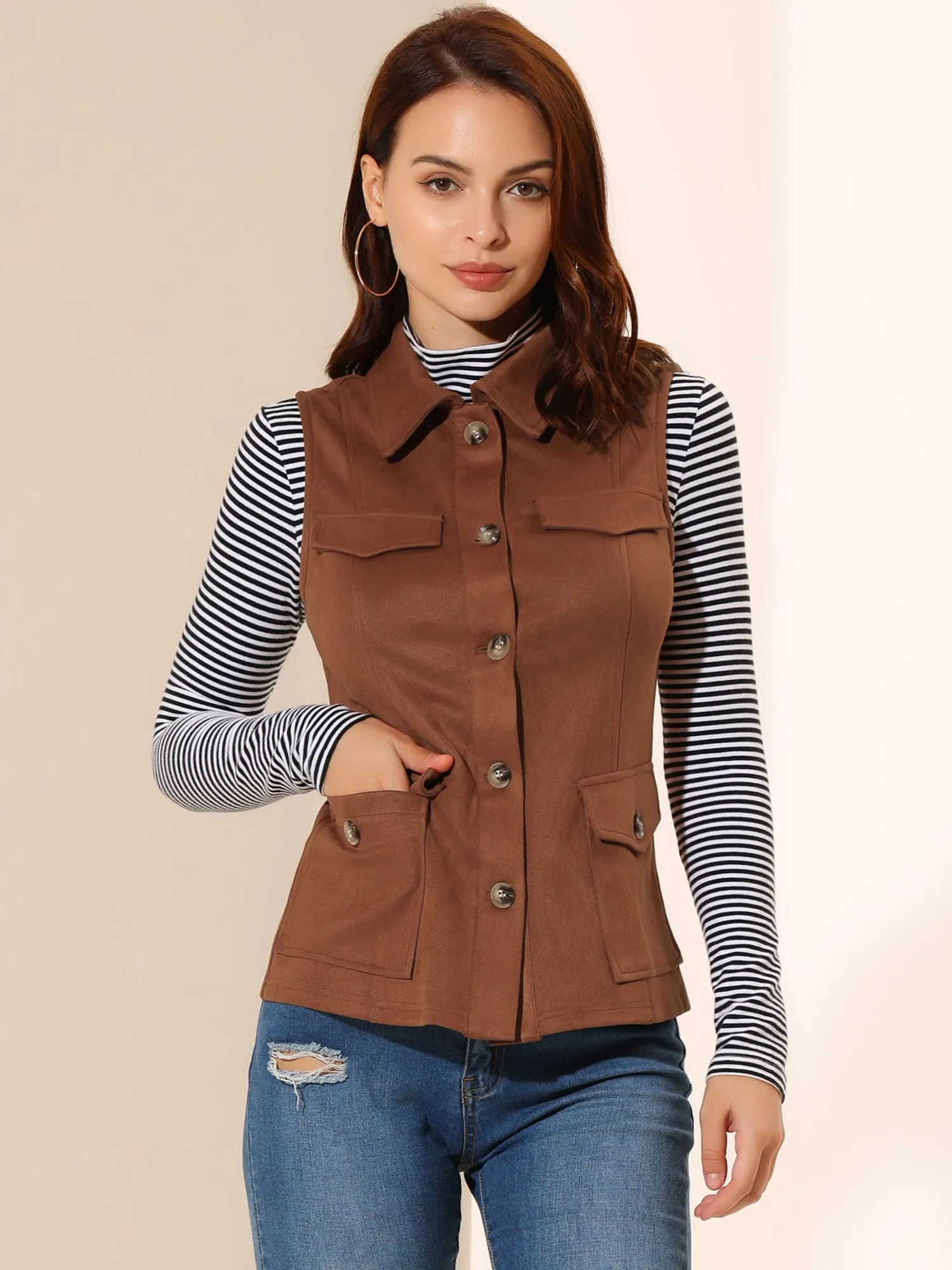 Faux Suede Vest Utility Buttoned Sleeveless Jacket with Cargo Pocket