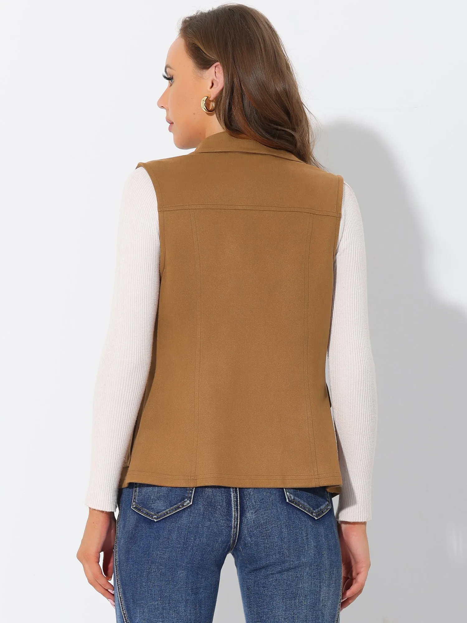 Faux Suede Vest Utility Buttoned Sleeveless Jacket with Cargo Pocket