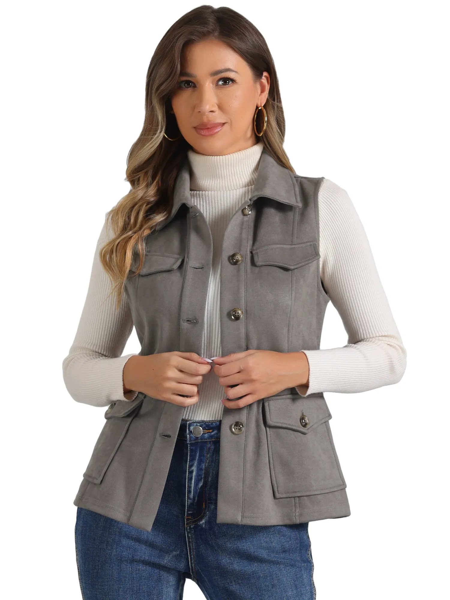 Faux Suede Vest Utility Buttoned Sleeveless Jacket with Cargo Pocket