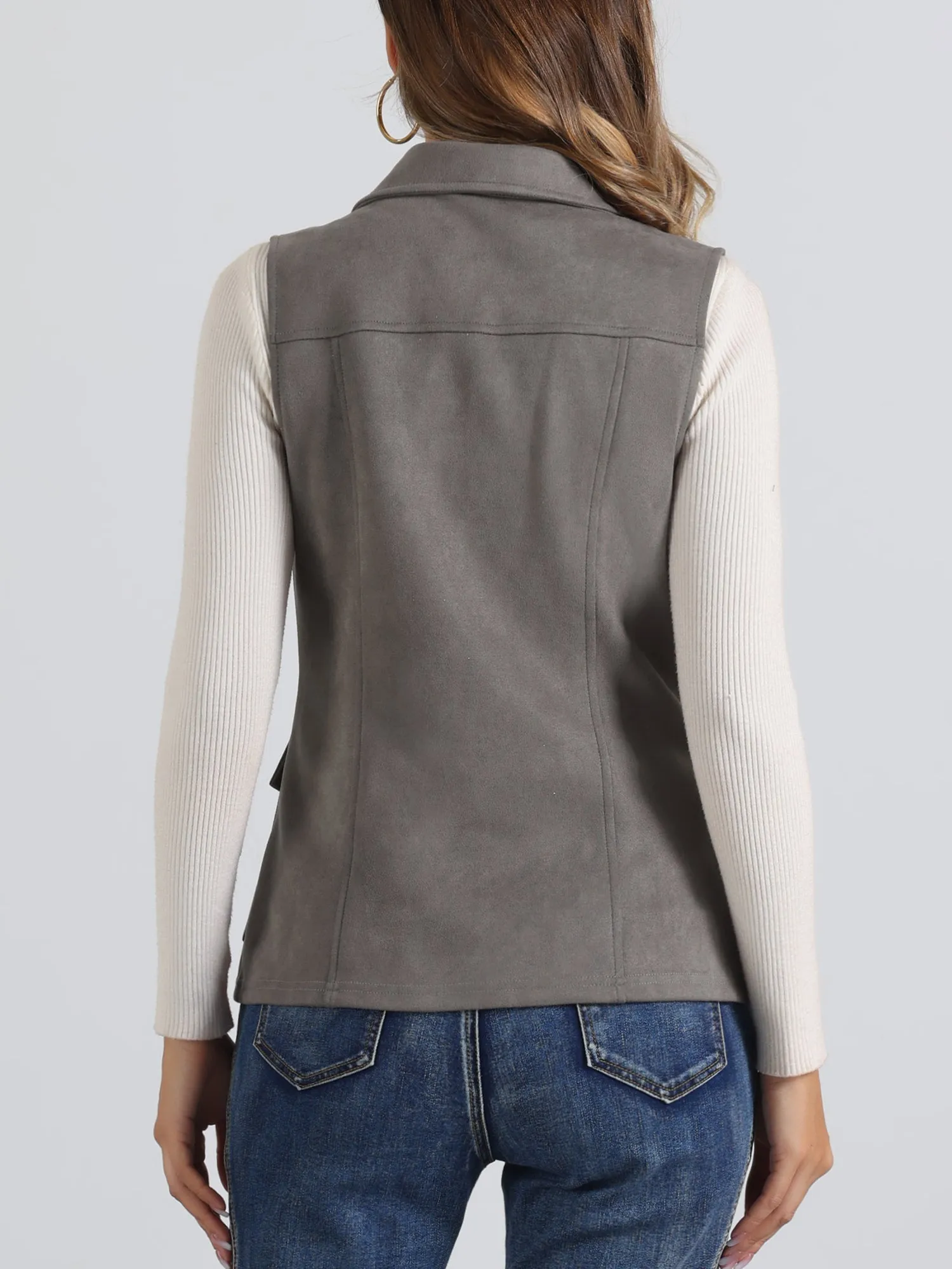 Faux Suede Vest Utility Buttoned Sleeveless Jacket with Cargo Pocket