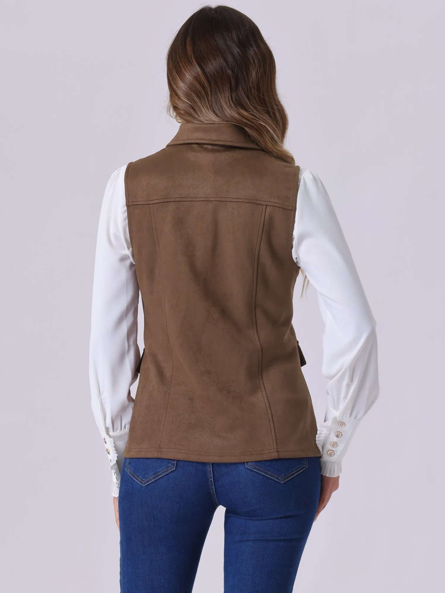 Faux Suede Vest Utility Buttoned Sleeveless Jacket with Cargo Pocket