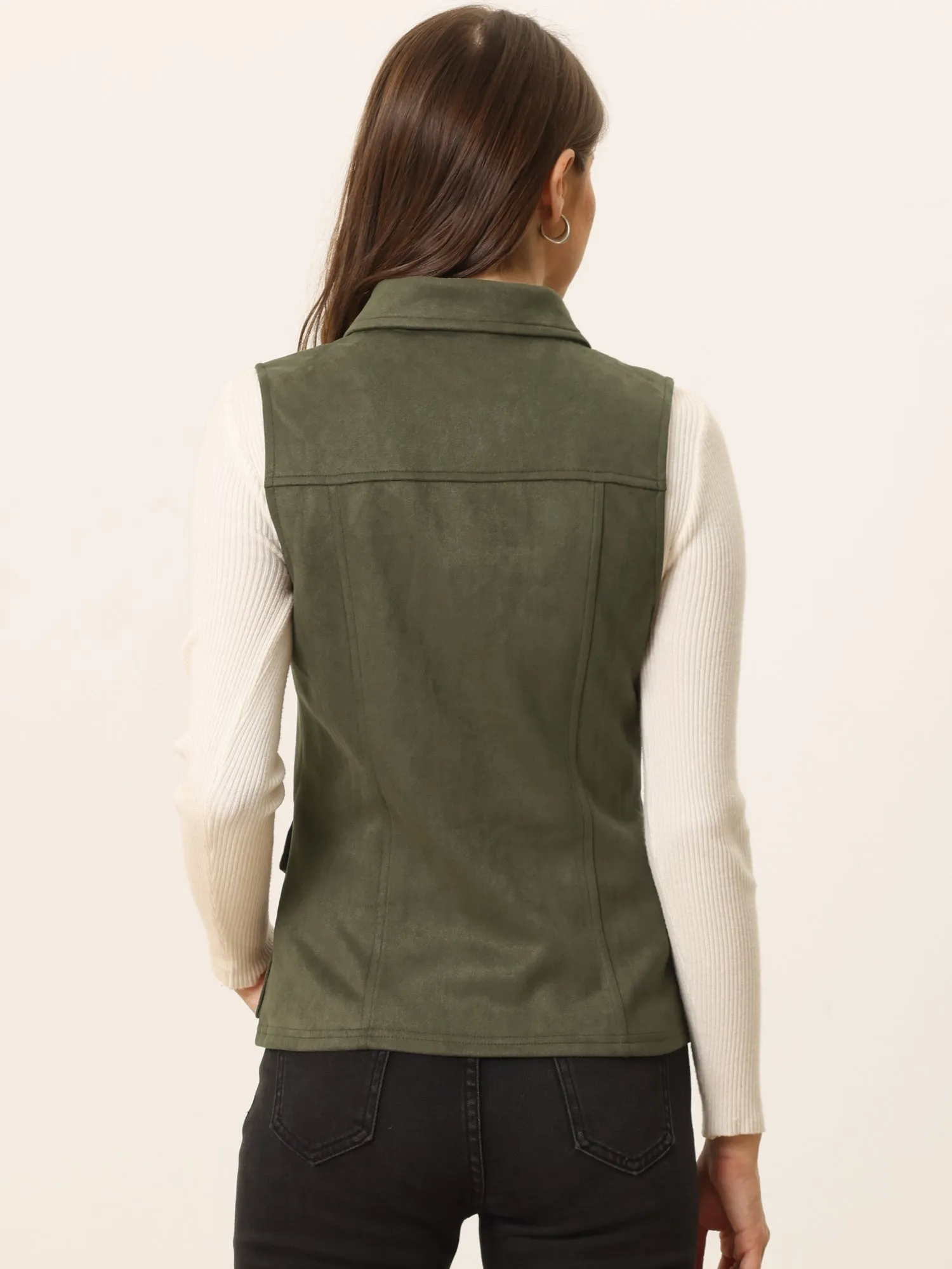 Faux Suede Vest Utility Buttoned Sleeveless Jacket with Cargo Pocket