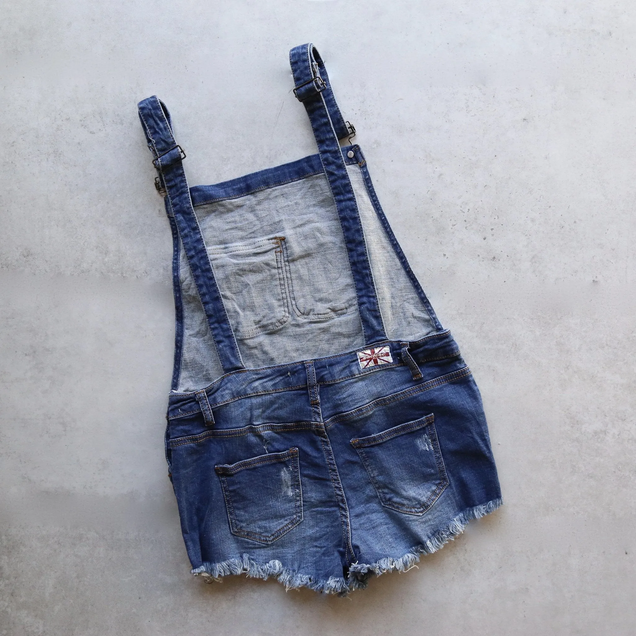 Final Sale - Distressed Denim Overall Shorts in Medium Wash