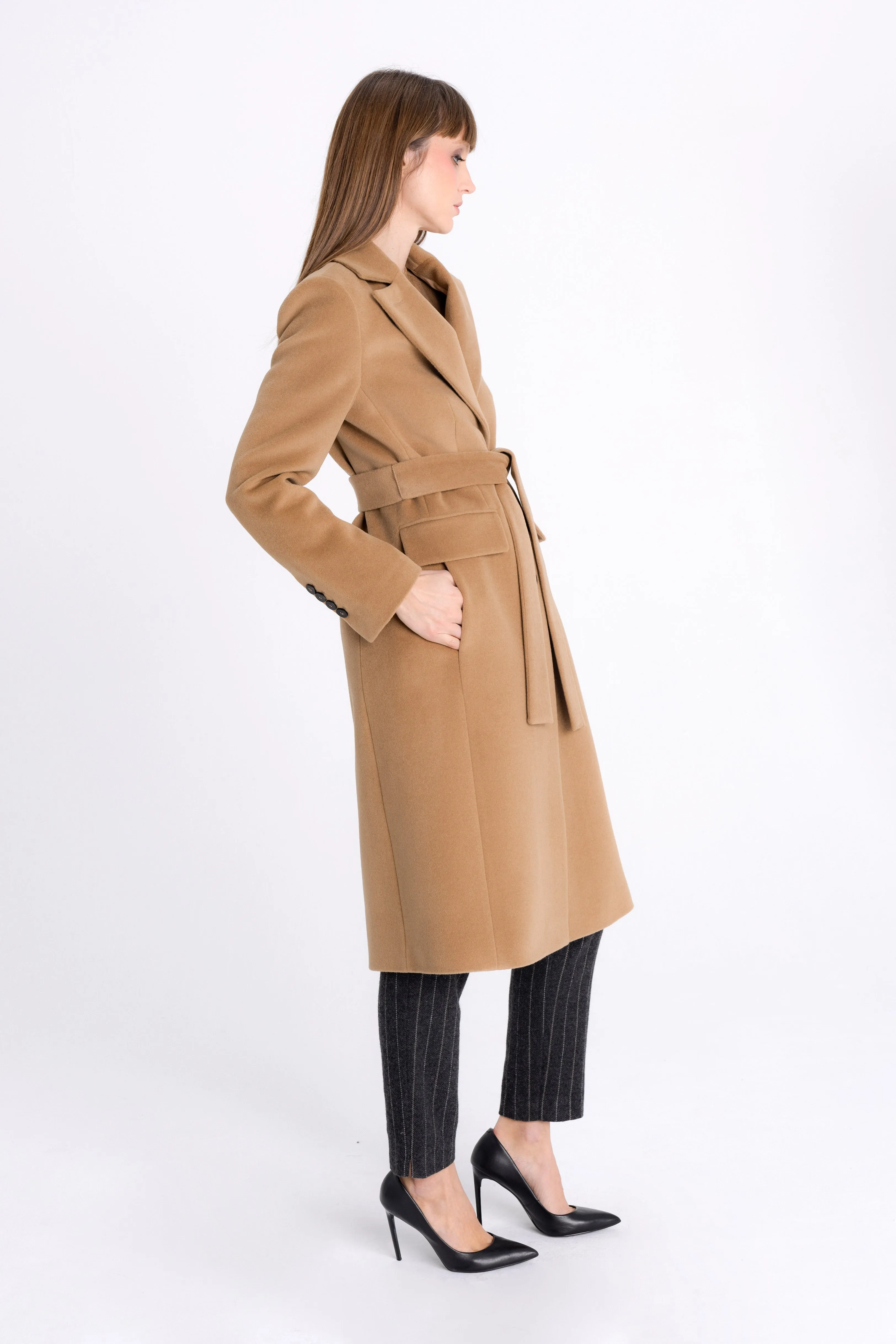 FITTED CAMEL COAT WITH ANGORA