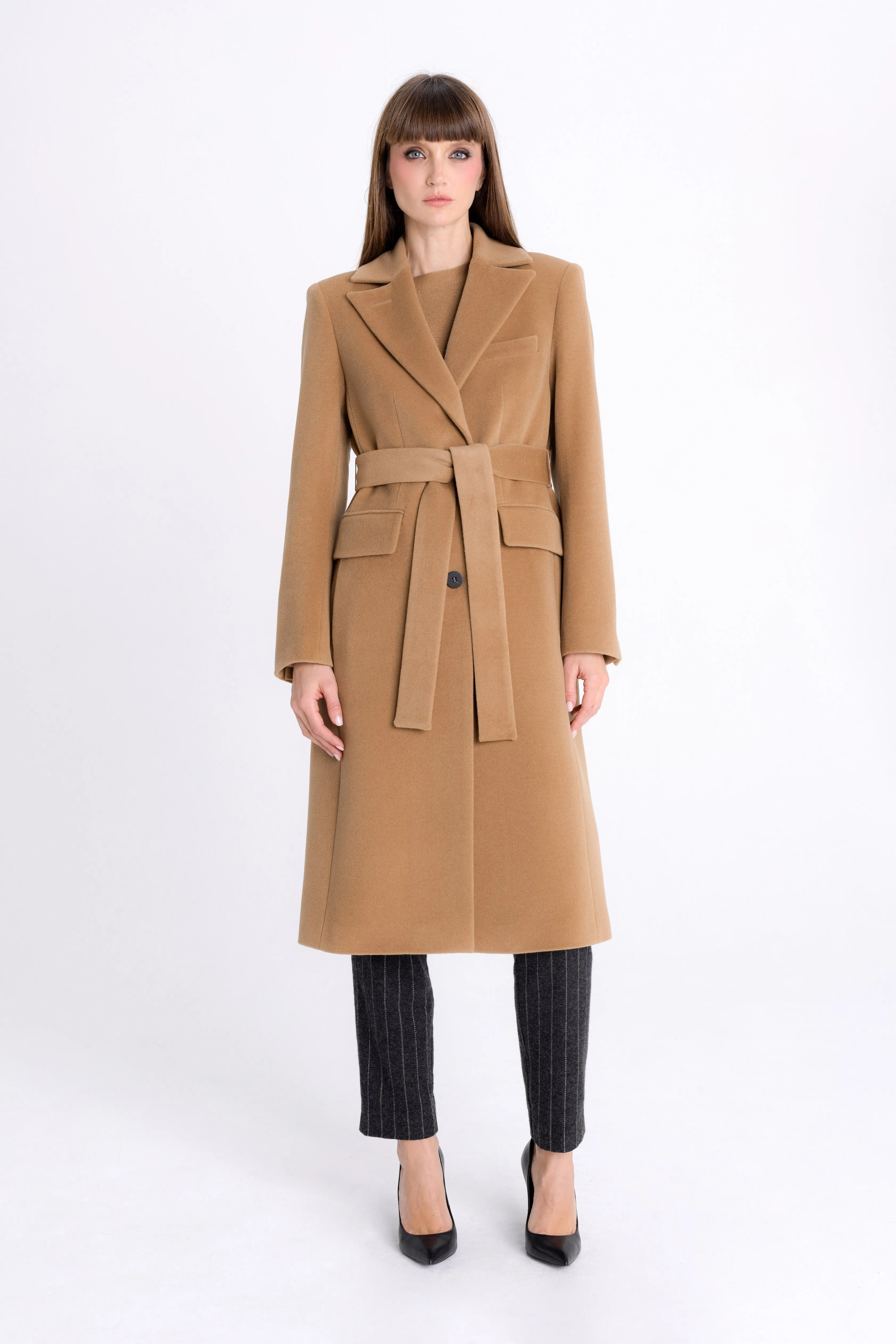 FITTED CAMEL COAT WITH ANGORA