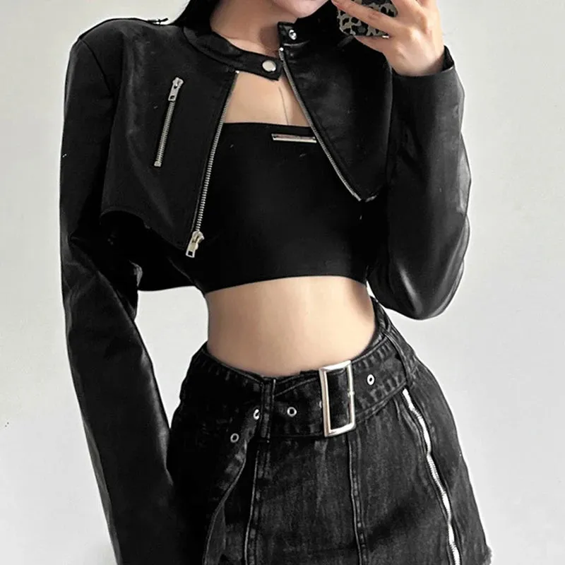 Girlary Goth Dark Zipper Cyber Gothic Y2k Crop Jackets Grunge Punk Style Faux Leather Coats Female Fashion Streetwear Irregular Hem Coat