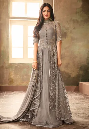 Grey Overall Net Embroidered Anarkali Suit