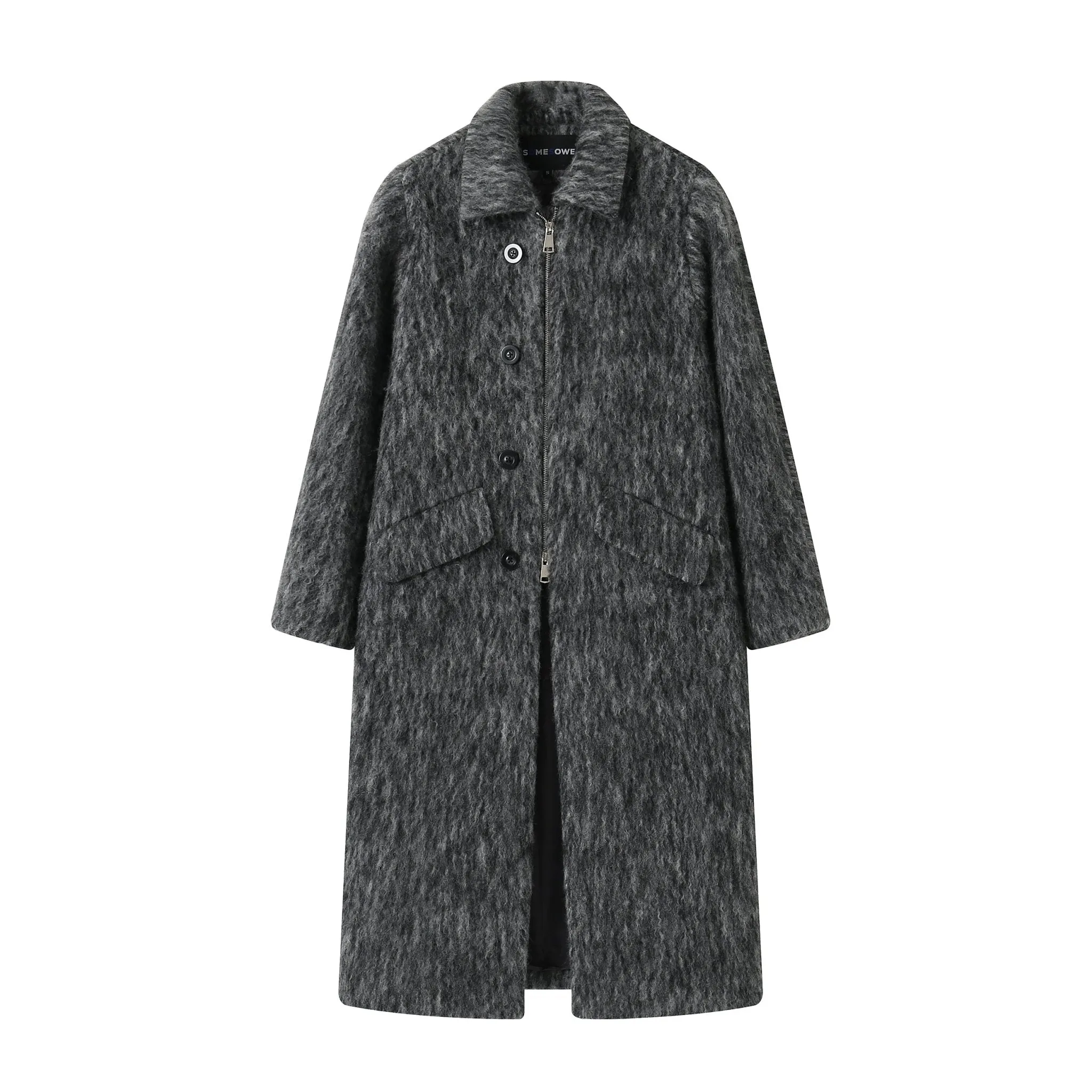 Grey Wave Pattern Long Wool Coat