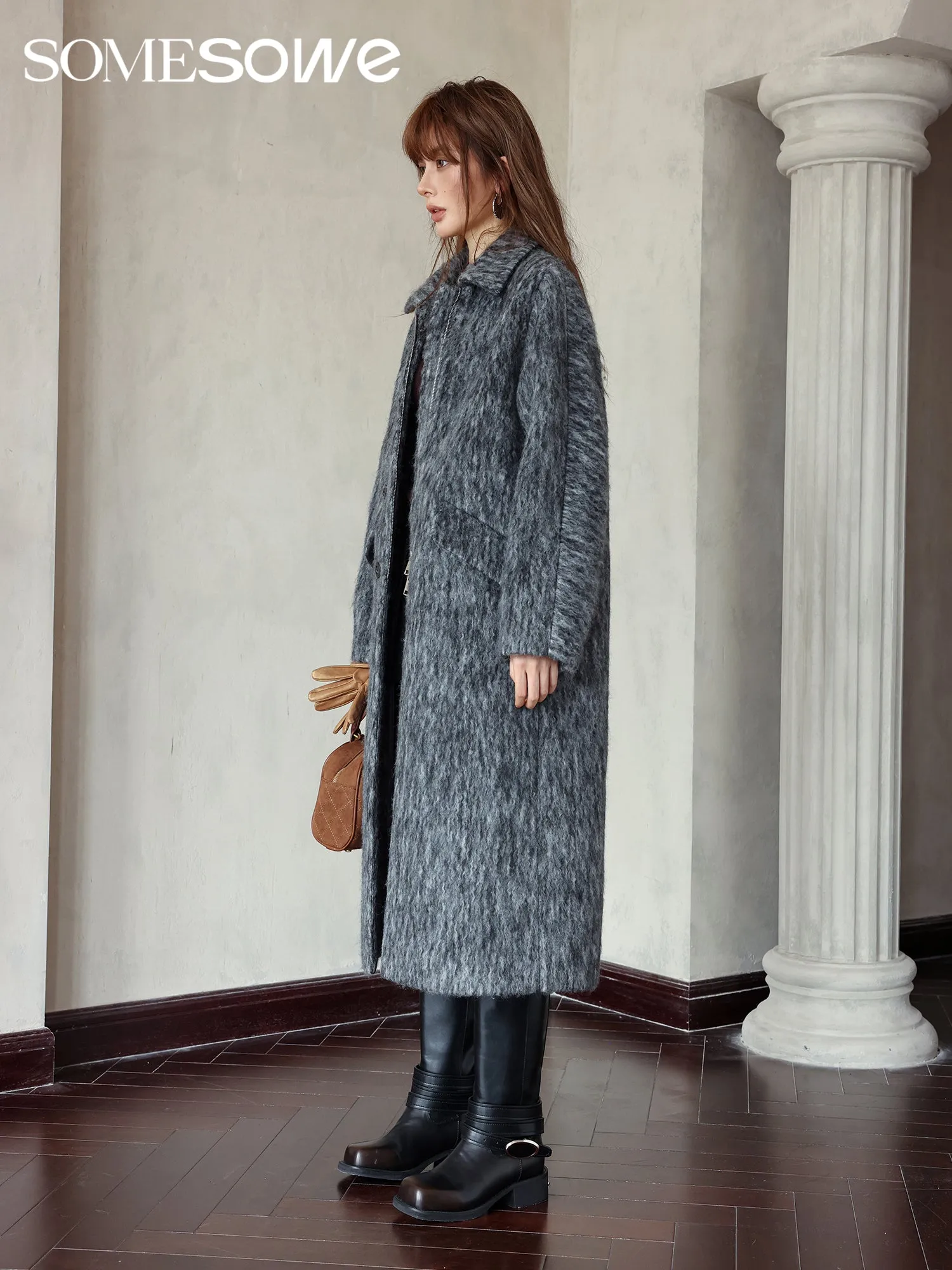 Grey Wave Pattern Long Wool Coat