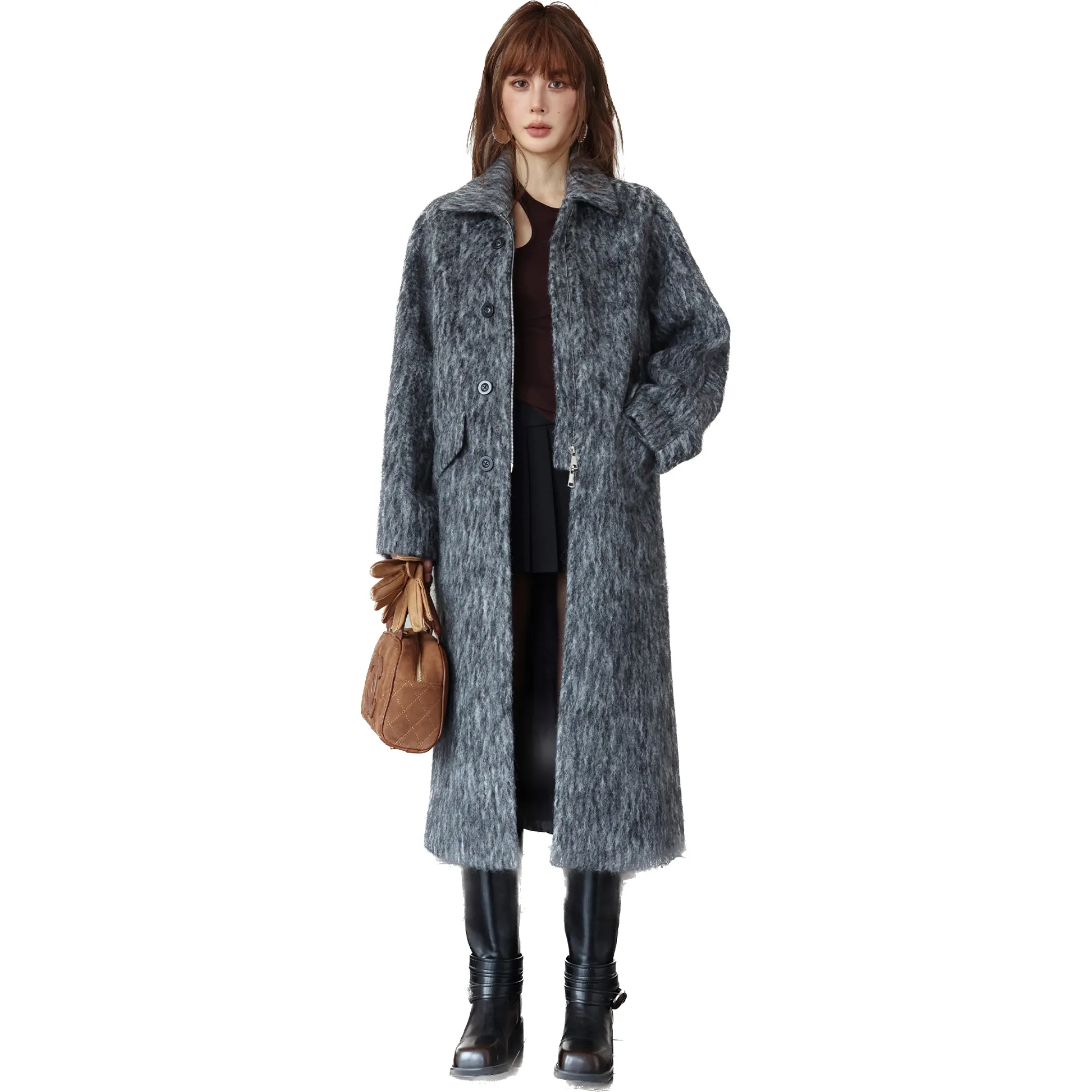 Grey Wave Pattern Long Wool Coat