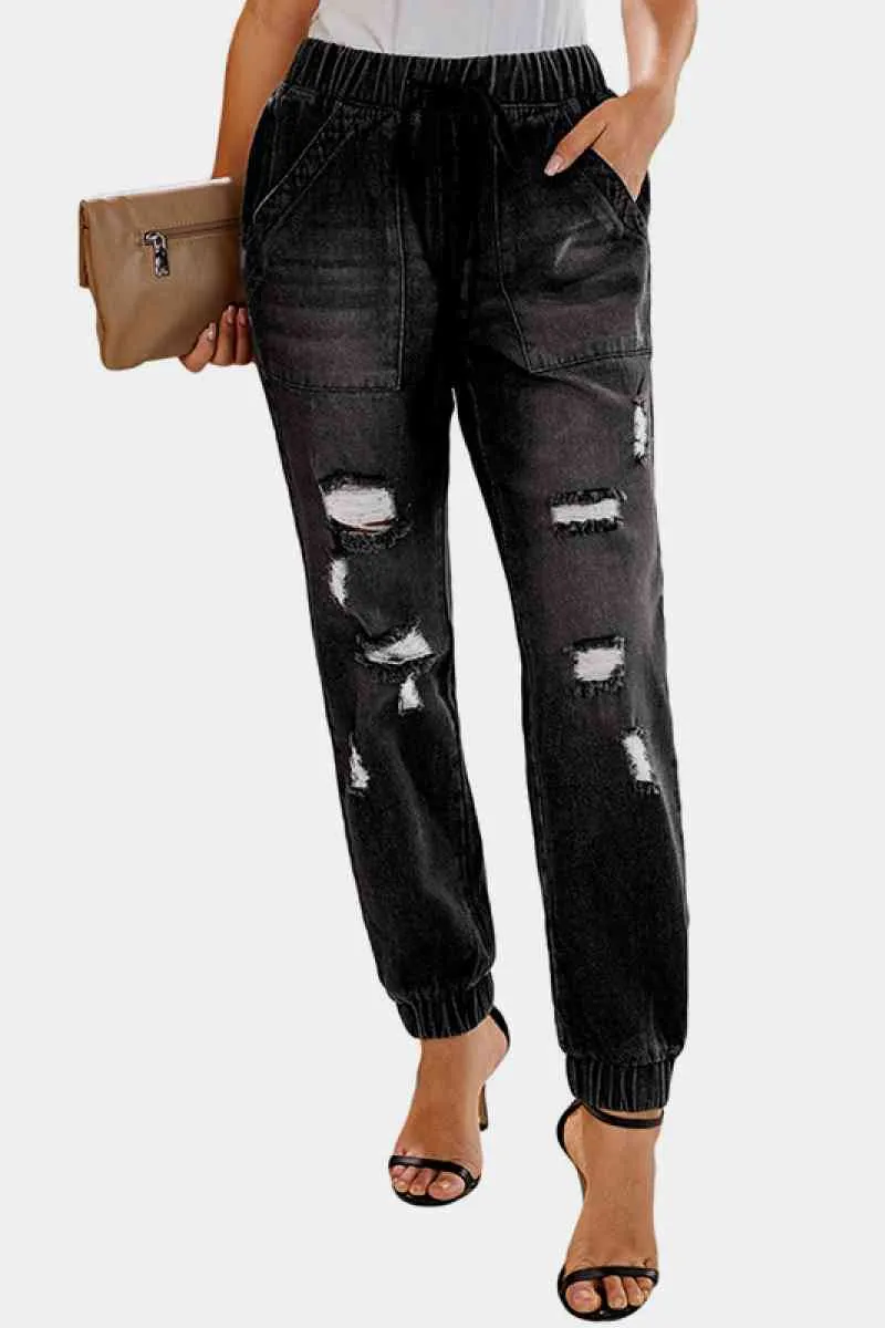 High Waist Elasticated Bottom Distressed Jeans