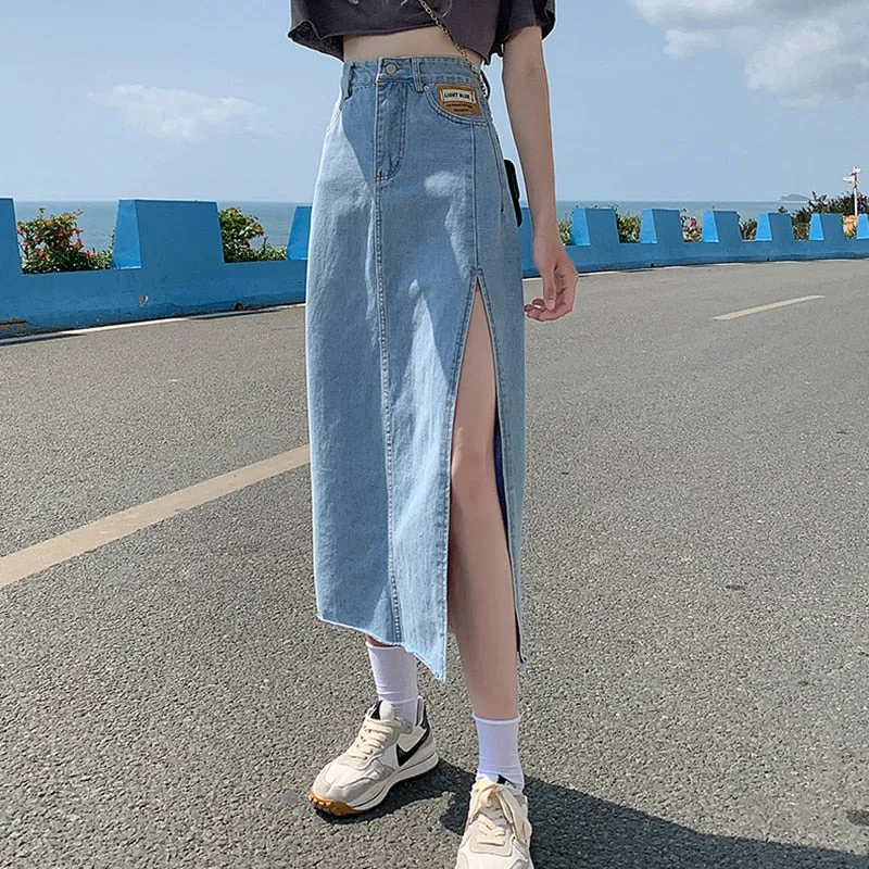 High Waist Women Denim Skirt Split Fashion A Line Streetwear Jeans Long Skirt Korean Black Summer Causal Ladies Faldas