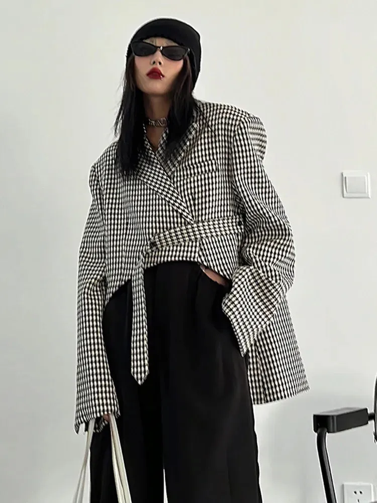 Hit Color Plaid Blazers For Women Notched Colllar Long Sleeves Patchwork Binding Loose Blazer Female Fashion