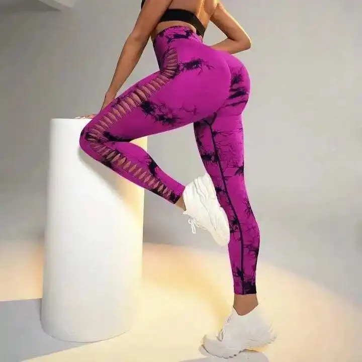 Hollow Tie Dye Printed Yoga Pants High Waist Butt Lift Seamless Sports Gym Fitness Leggings Slim Pants For Women Tight Trousers