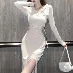 Hooded Waist Long Sleeve Sweatshirt Slit Wrap Hip Dress