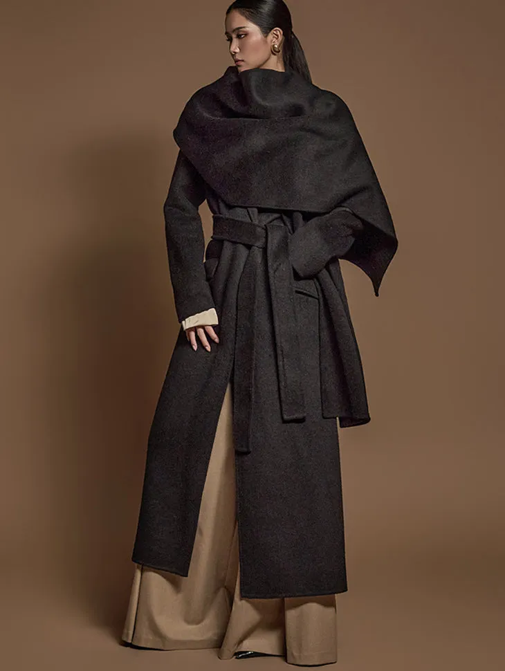 J9273 Tailored Long Coat With Belt and Muffler