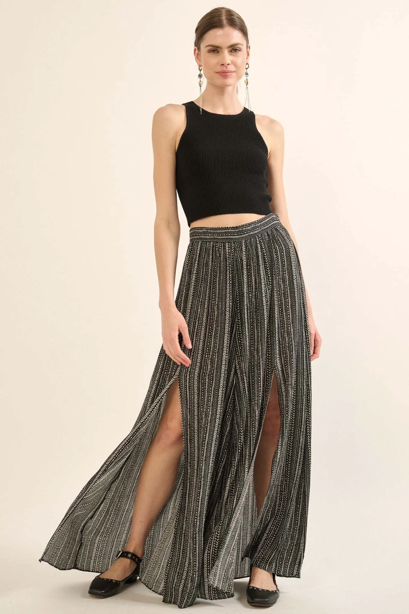 Journey Begins Geo-Print Wide-Leg Split Pants