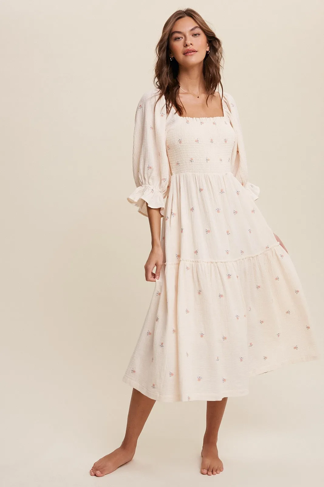 Karina Smocked Floral Midi Dress - Cream