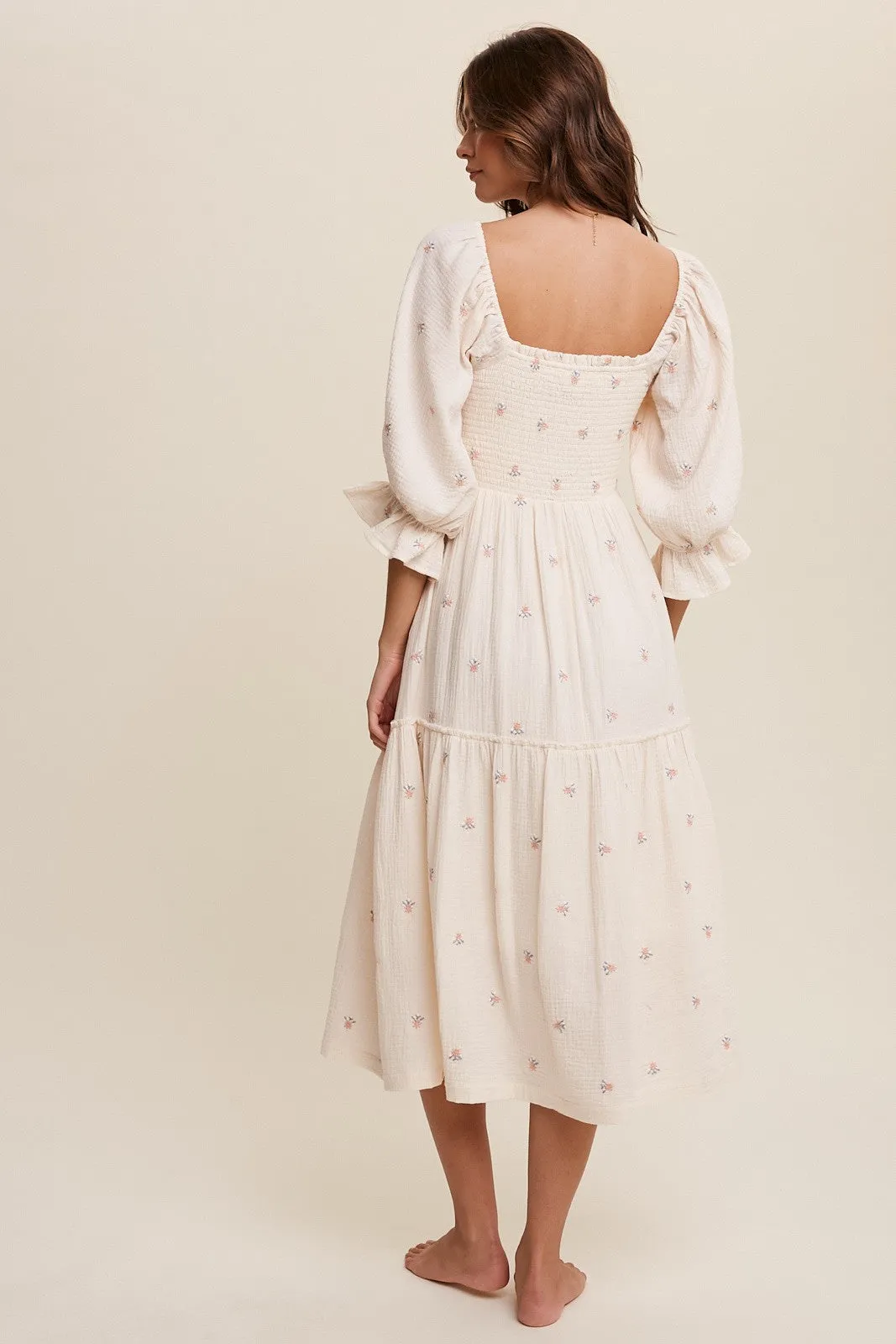 Karina Smocked Floral Midi Dress - Cream