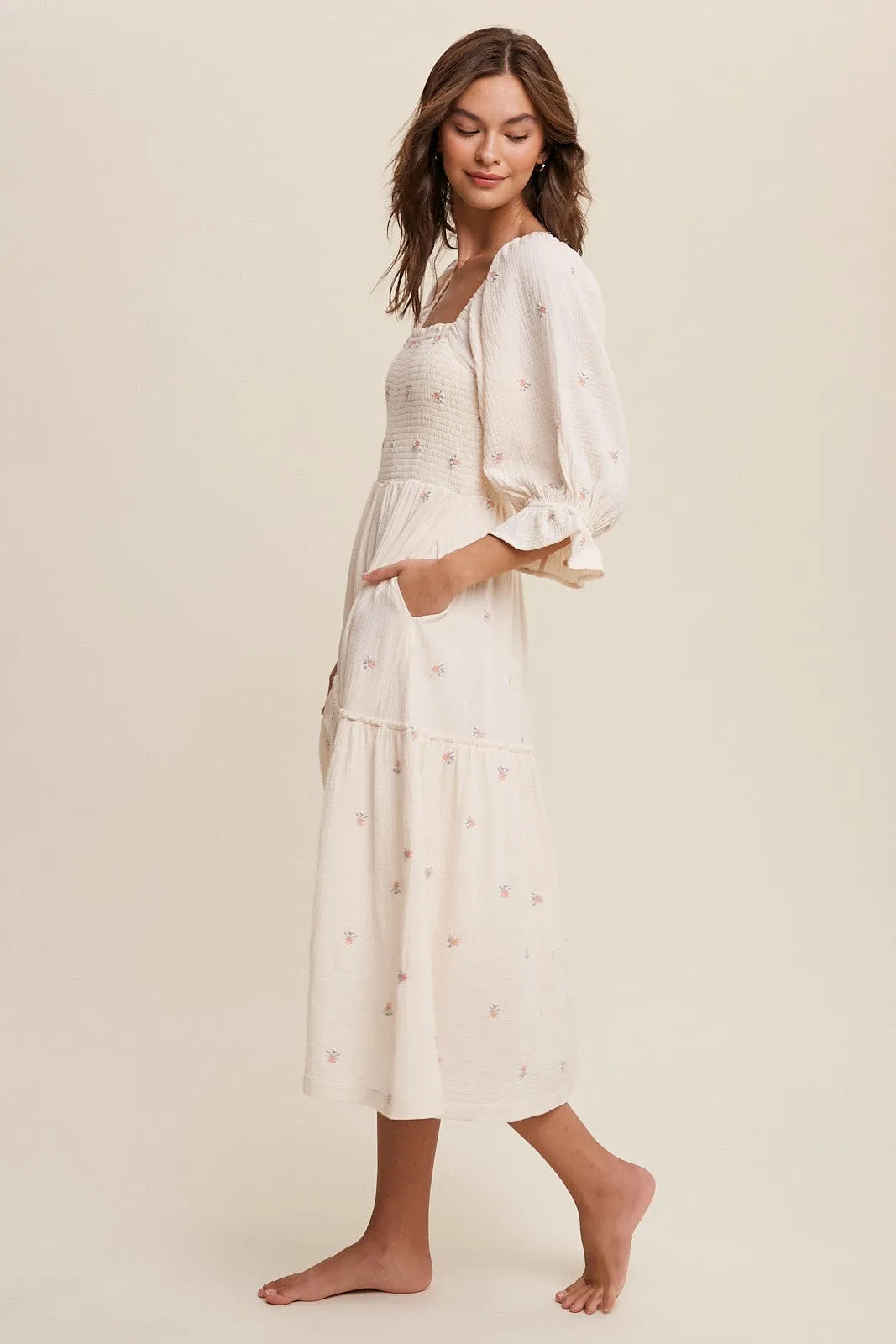 Karina Smocked Floral Midi Dress - Cream