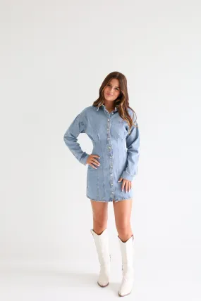 LONG SLEEVE PLEATED DENIM DRESS