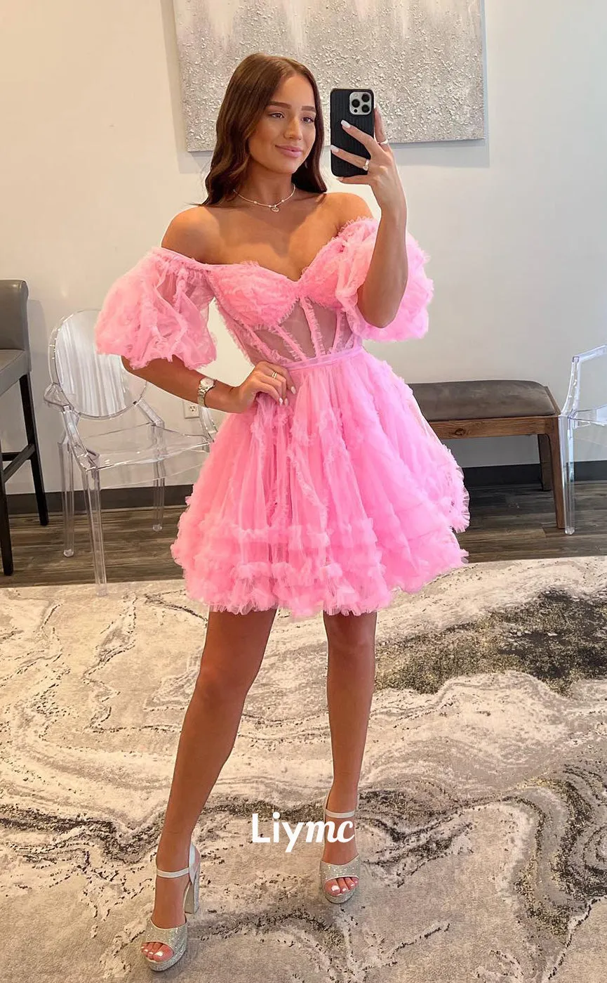 LY026 - A line Off Shoulder Short Sleeves Tulle Ruffles Pink Cute Homecoming Dress