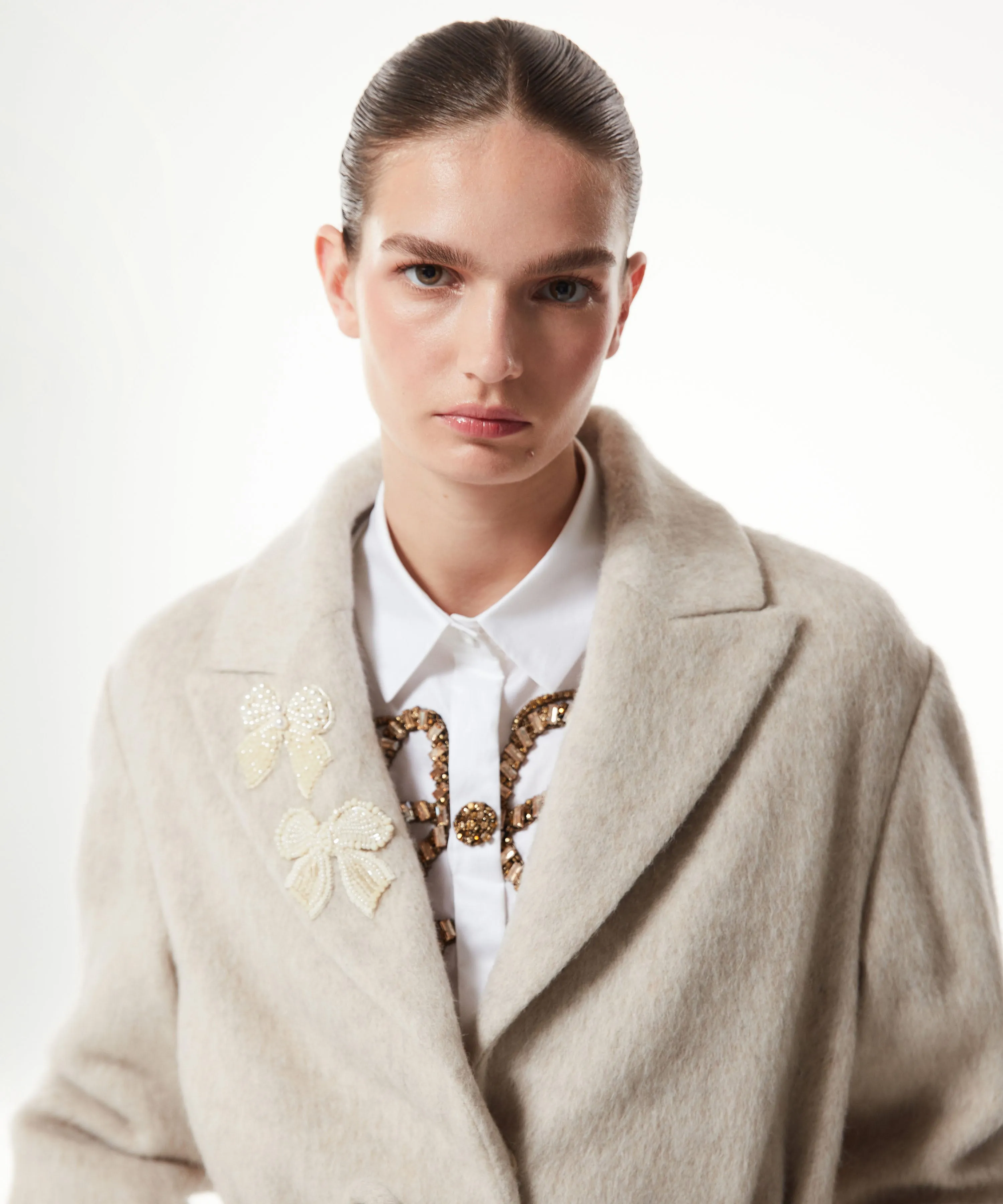 Machka Bow-Embroidered Textured Coat Natural