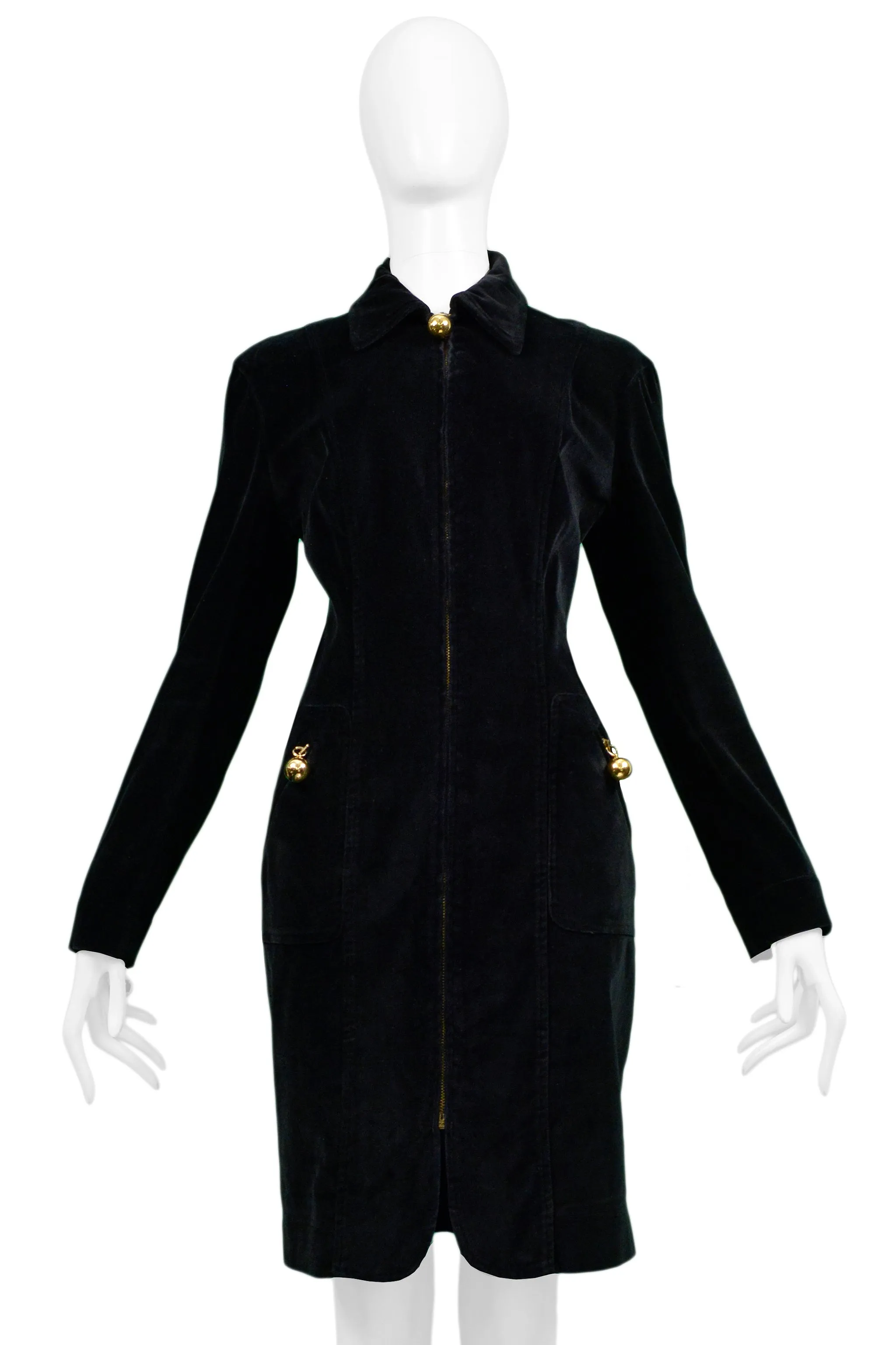 MOSCHINO BLACK VELVET ZIP COAT DRESS WITH GOLD BALLS