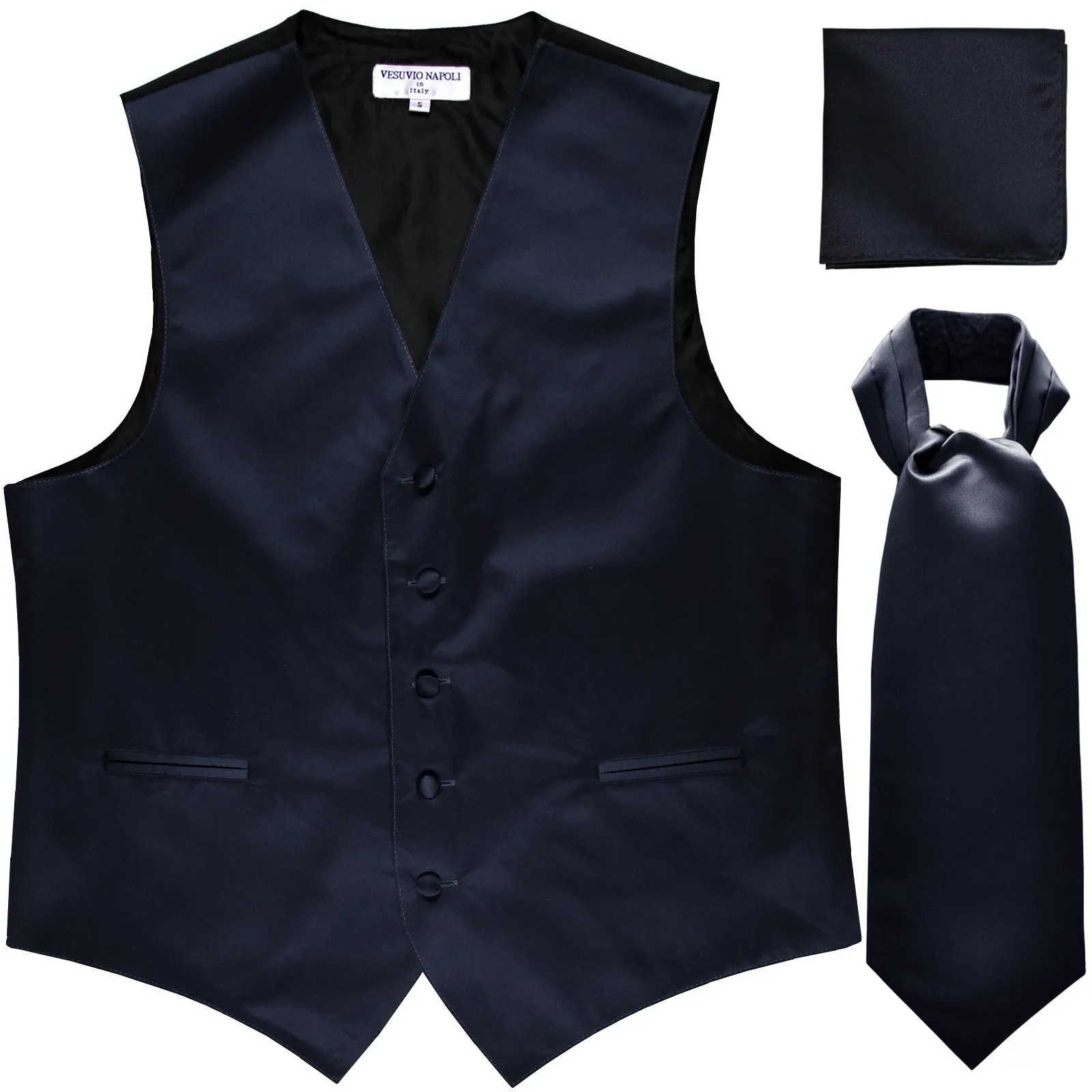 New Men's formal vest Tuxedo Waistcoat ascot hankie set wedding prom navy