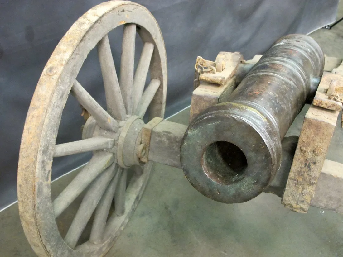 Original Antique 18th Century 4 Pounder Crested Bronze Cannon with Wood Field Carriage