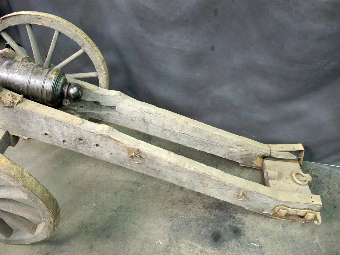 Original Antique 18th Century 4 Pounder Crested Bronze Cannon with Wood Field Carriage