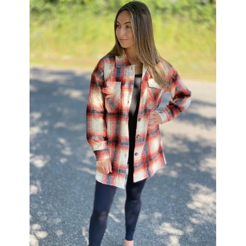 Red Button Down Plaid Heavy Pull Over Shacket