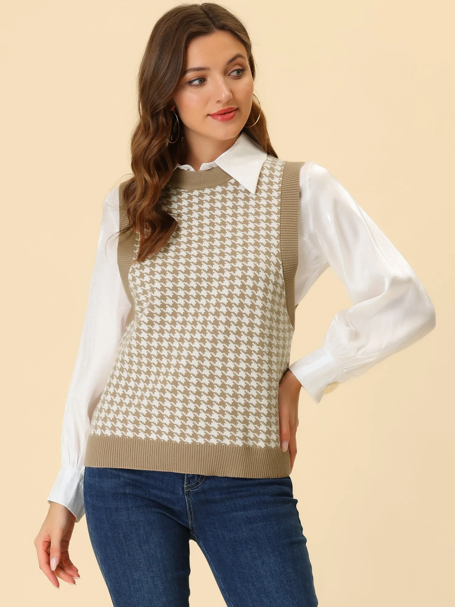 Round Neck Vest Sleeveless Houndstooth Plaid Knitted Sweater