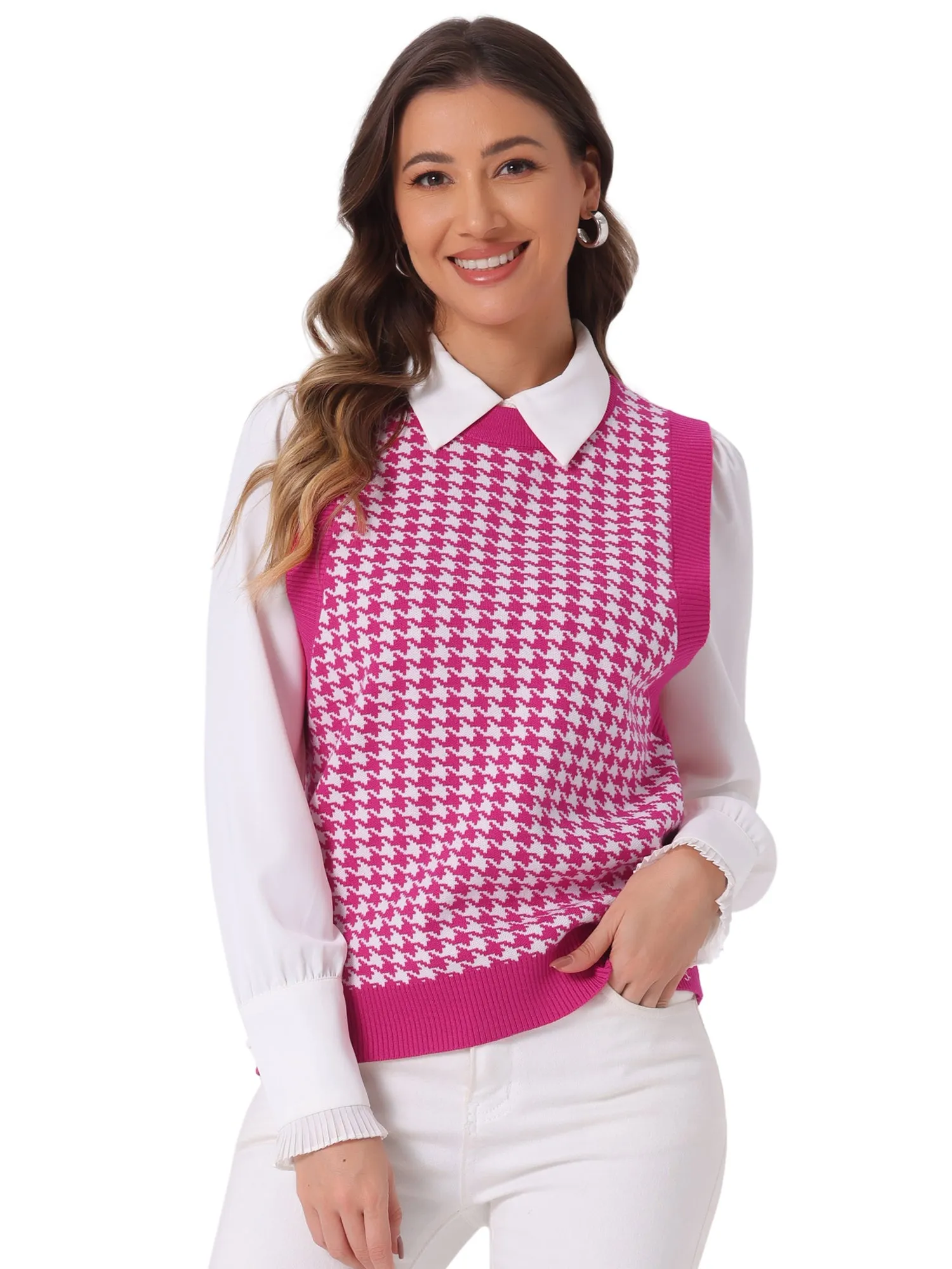 Round Neck Vest Sleeveless Houndstooth Plaid Knitted Sweater