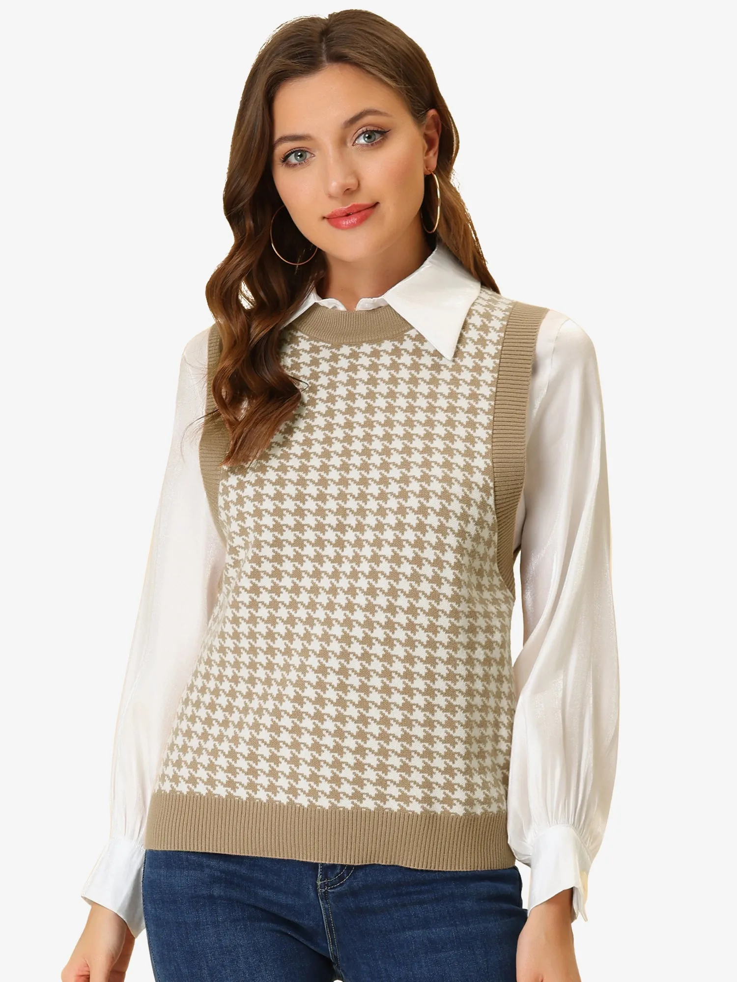 Round Neck Vest Sleeveless Houndstooth Plaid Knitted Sweater