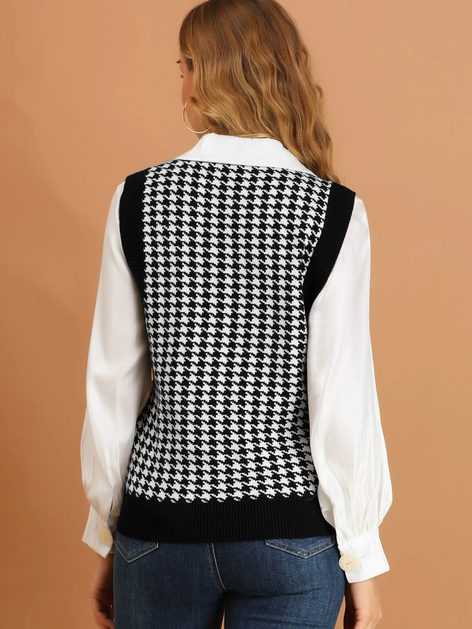 Round Neck Vest Sleeveless Houndstooth Plaid Knitted Sweater