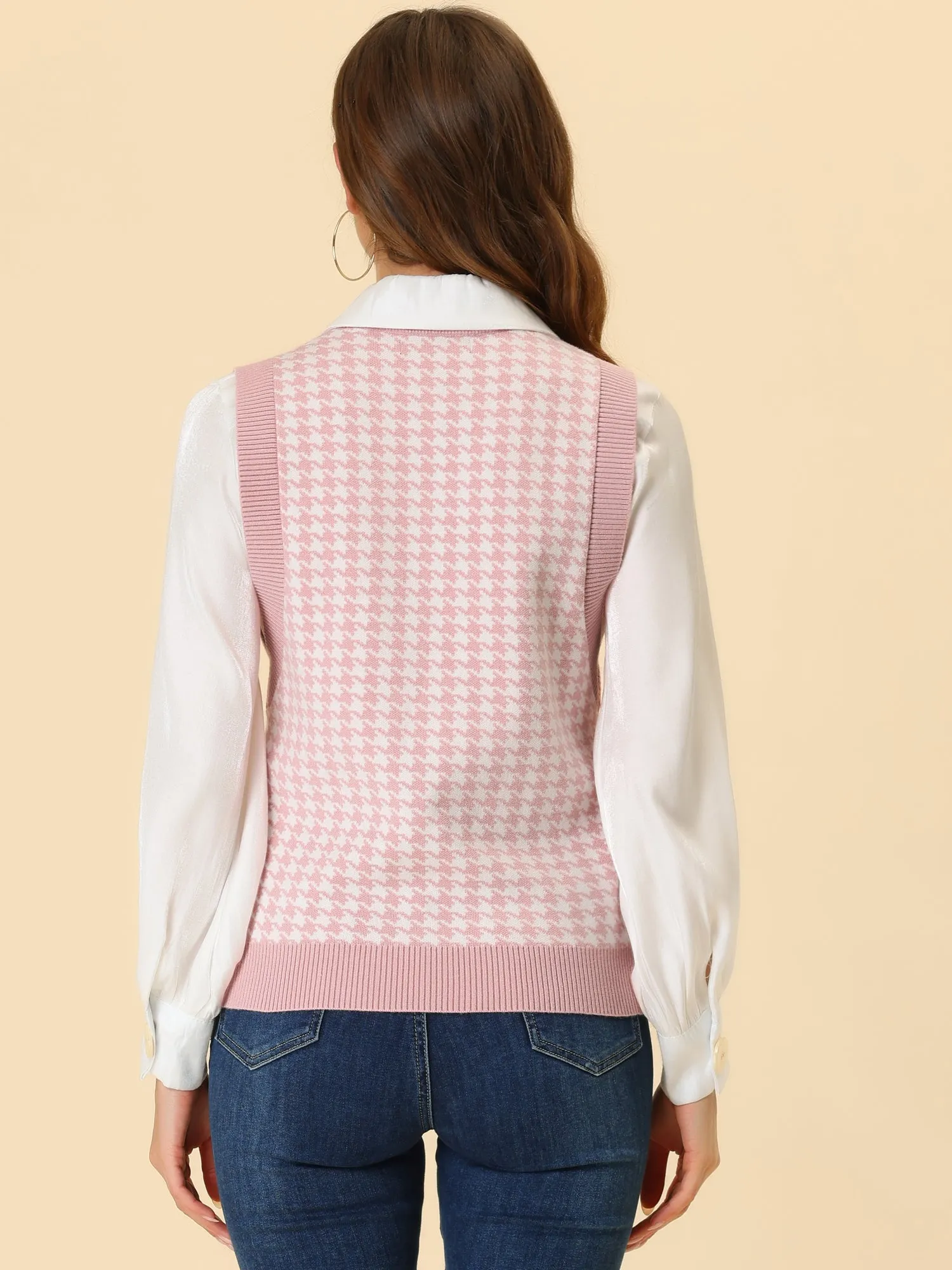 Round Neck Vest Sleeveless Houndstooth Plaid Knitted Sweater