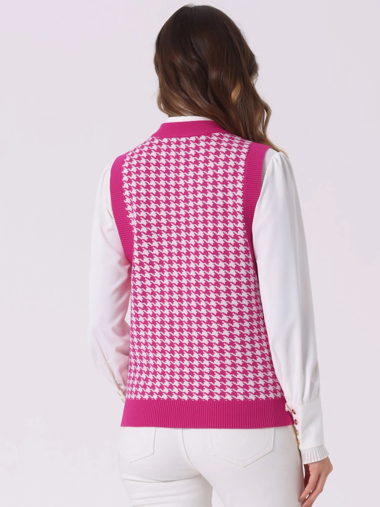 Round Neck Vest Sleeveless Houndstooth Plaid Knitted Sweater