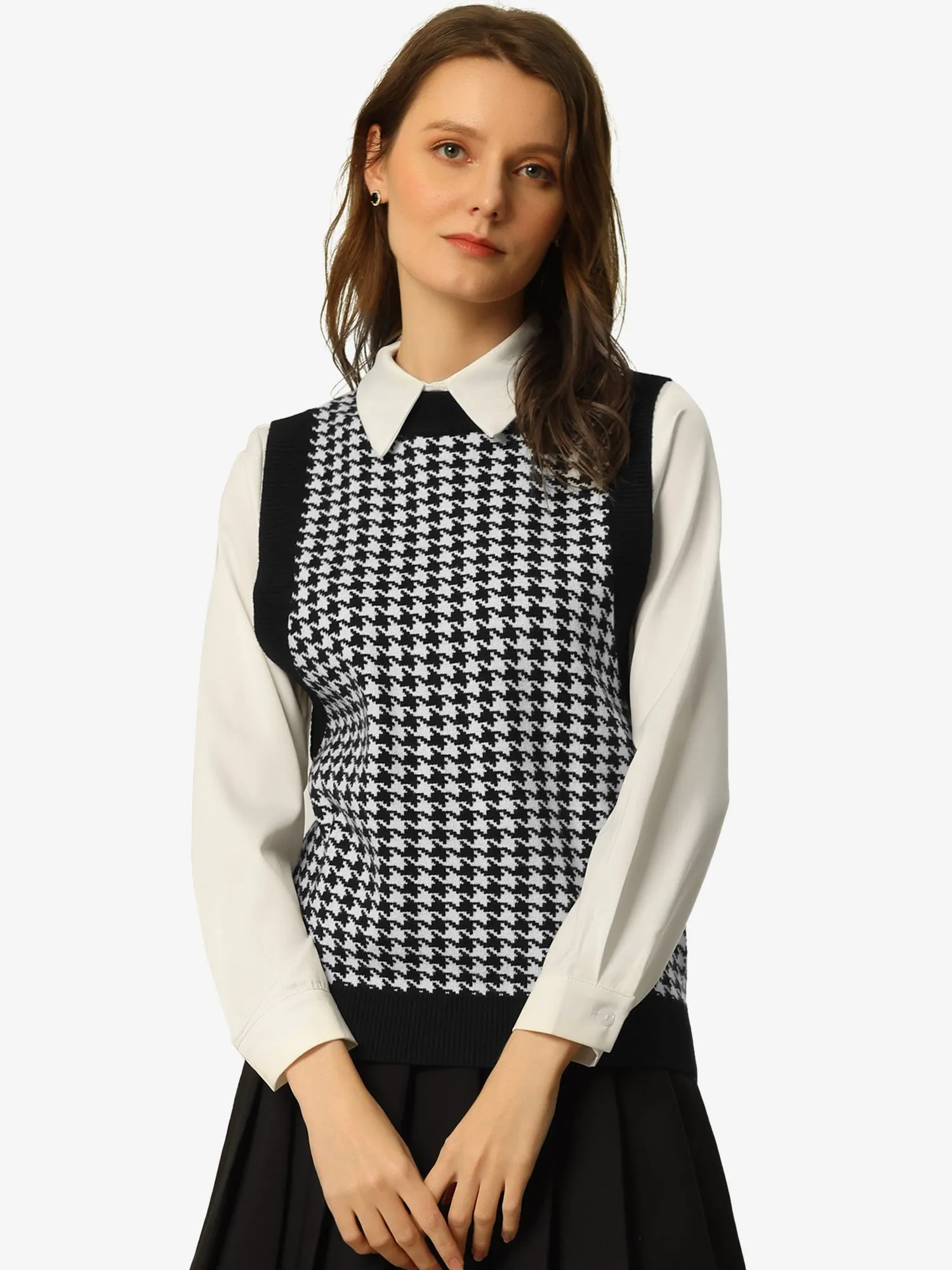 Round Neck Vest Sleeveless Houndstooth Plaid Knitted Sweater