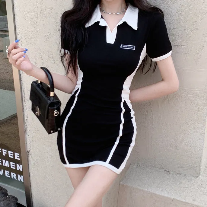 Short-Sleeved Color-Block Polo Collar Slim Dress