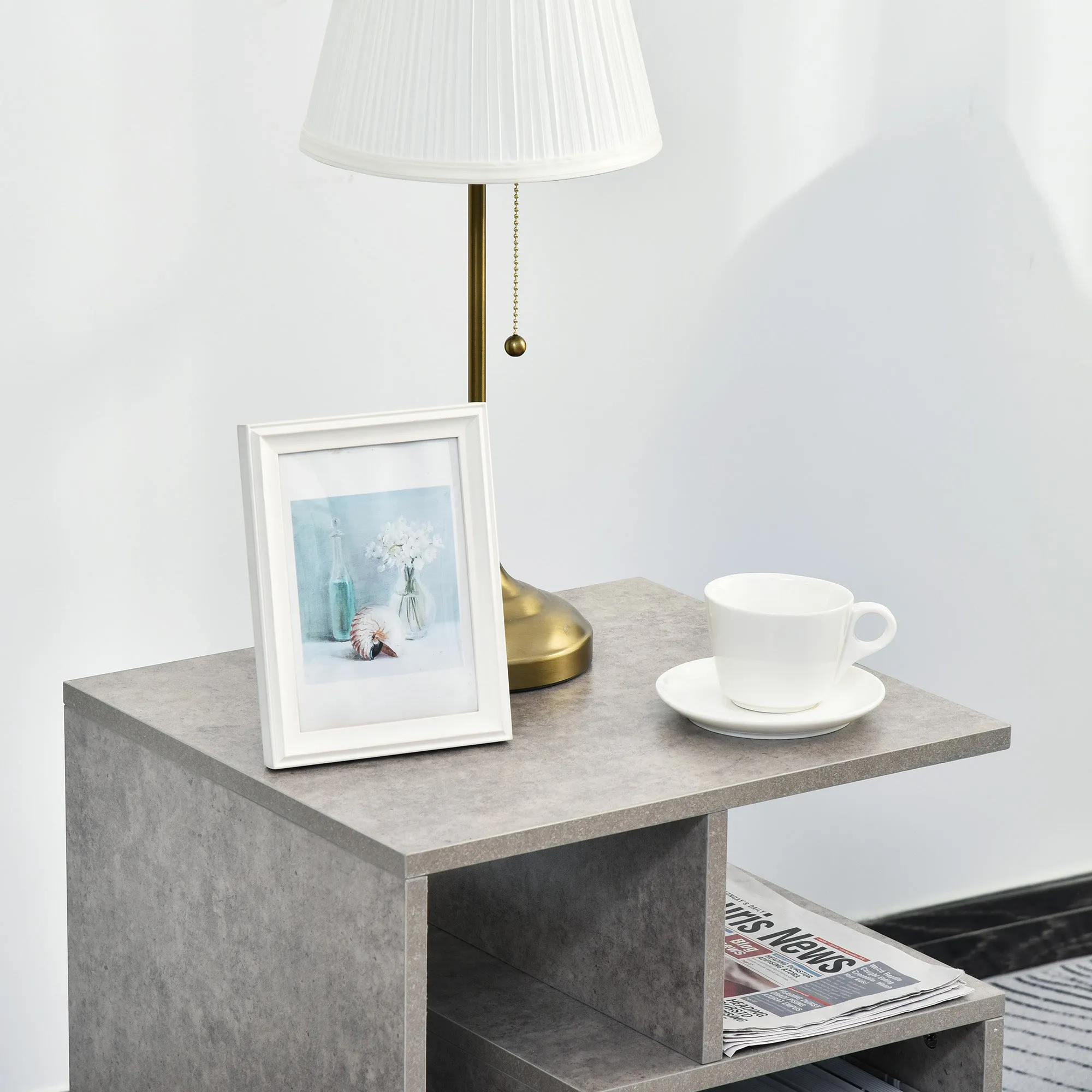 Side Table, 3 Tier End Table with Open Storage Shelves, Living Room Coffee Table Organiser Unit, Cement Colour