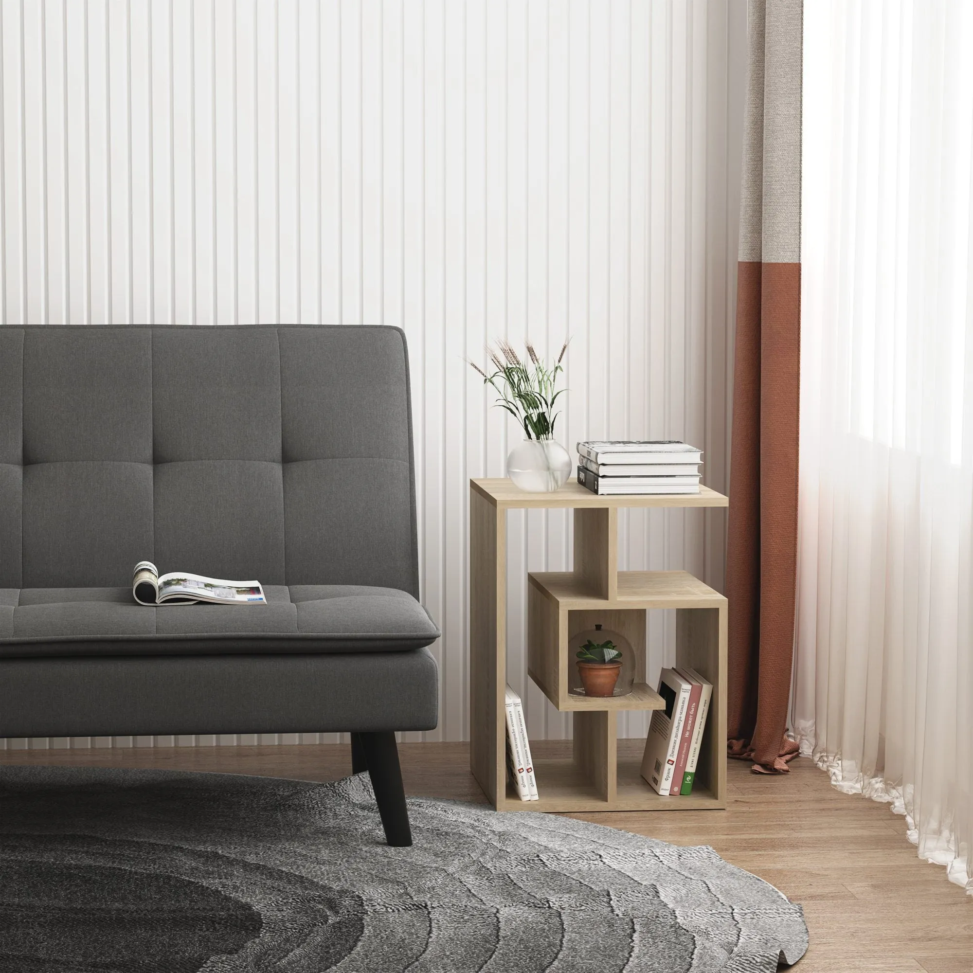 Side Table, 3 Tier End Table with Open Storage Shelves, Living Room Coffee Table Organiser Unit, Oak Colour