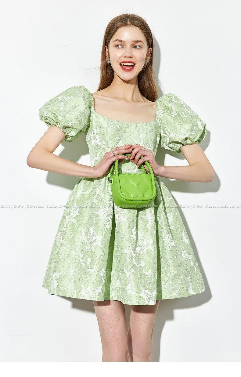 Summer new fresh mint green jacquard puffy floral women's babydoll dress -Niwi