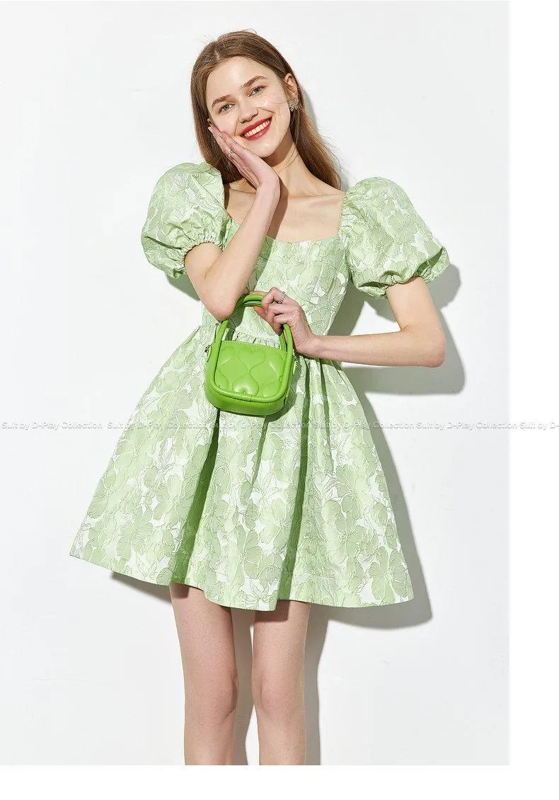 Summer new fresh mint green jacquard puffy floral women's babydoll dress -Niwi